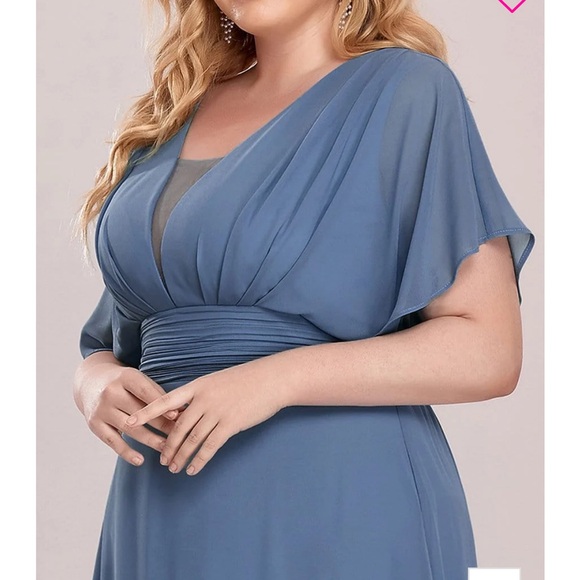 Evening dress short sleeve floor length A line sheer overlay - Picture 3 of 4